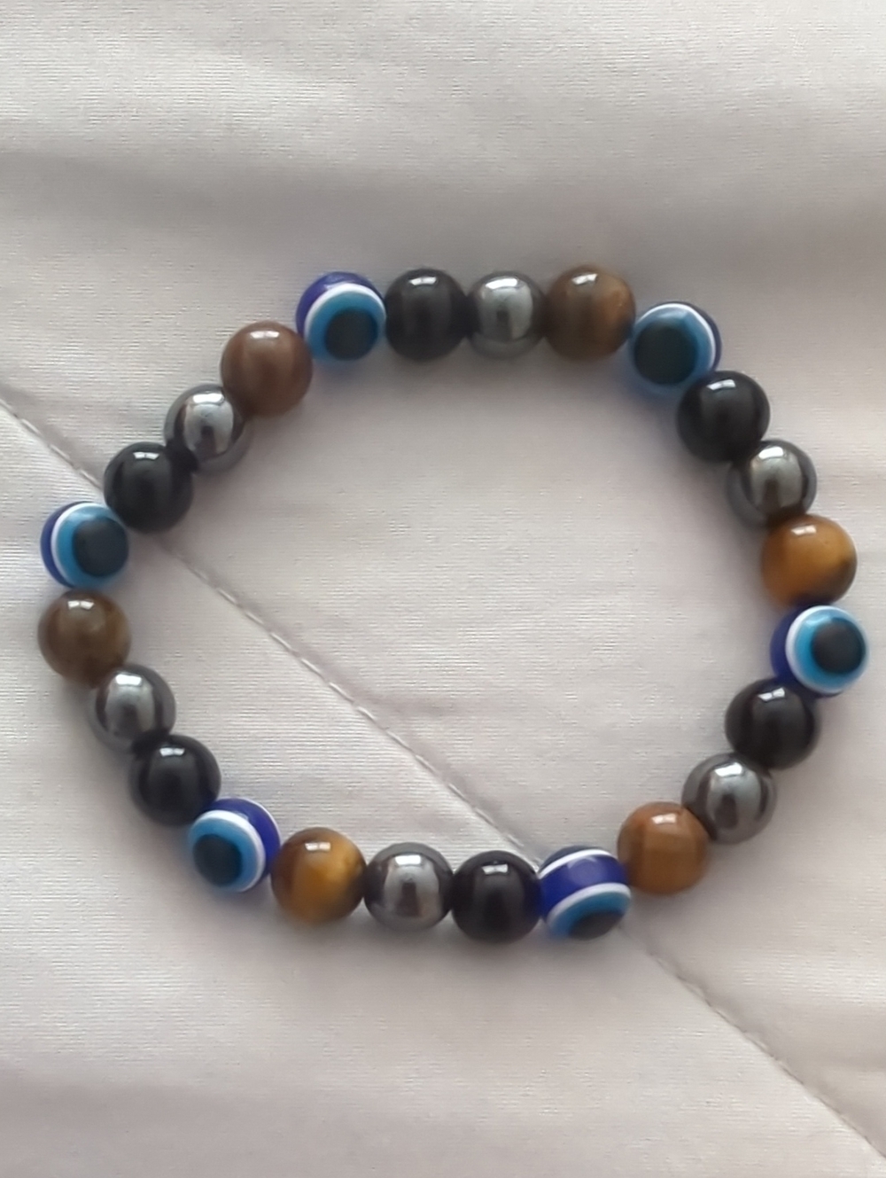 Blue Evil Eye Bead Stretch Bracelet with Brown & Black Beads